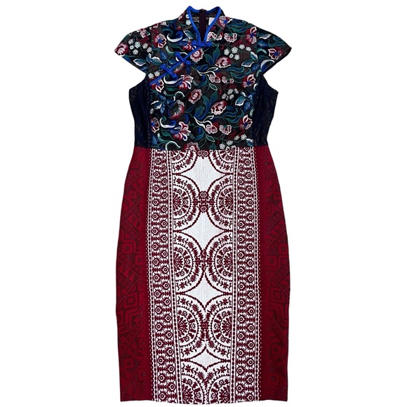 Byron Lars Beauty Mark Embroidered Cheongsam Mixed Media Sheath Dress - Size 6 - Picture 2 of 13